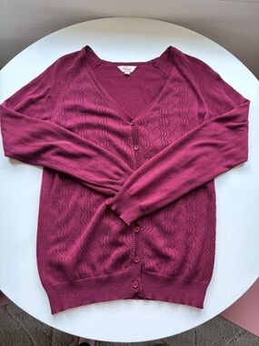 Modcloth Burgundy Pointelle V-Neck  Button-Up Cardigan Sweater, Like New!
